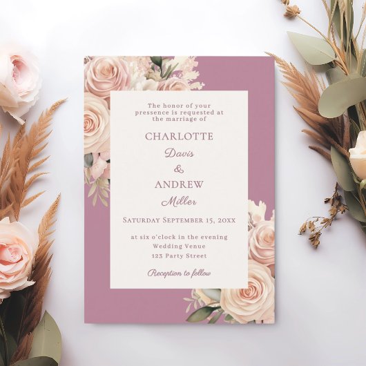 Mauve ivory dusty rose florals wedding kaart