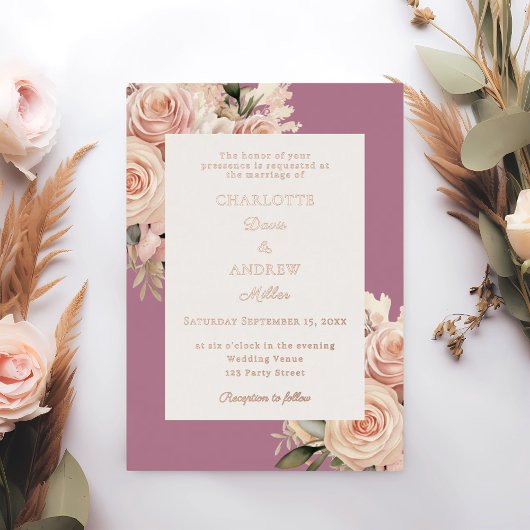 Mauve ivory dusty rose florals wedding rose gold folie uitnodiging