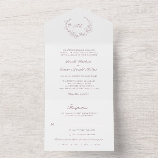 Mauve Krans Monogram Elegant Trouwen All In One Uitnodiging (Binnen)