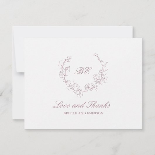 Mauve Krans Monogram Elegante Trouw Bedankkaart (Voorkant)