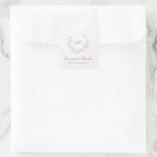 Mauve Krans Monogram Elegante Trouw Vierkante Sticker (Tas)
