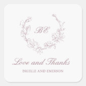Mauve Krans Monogram Elegante Trouw Vierkante Sticker (Voorkant)