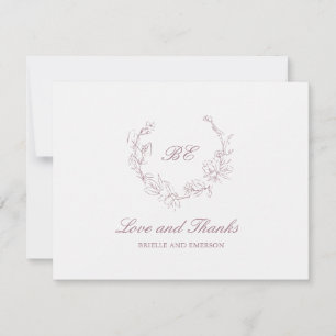 Mauve Krans Monogram Foto Elegant Huwelijk Bedankkaart