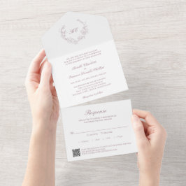 Mauve Krans Monogram QR Code Elegante Trouw All In One Uitnodiging