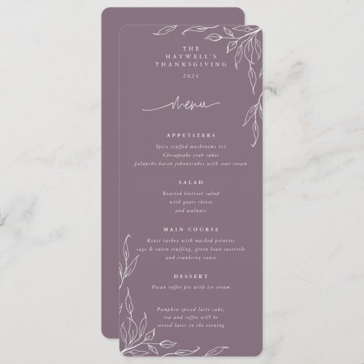 Mauve Leaf Motif Thanksgiving Dinner Flat 4 Course Menu (Voorkant / Achterkant)