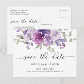 Mauve Lila Paarse Floral Waterverf sparen de Datum Aankondigingskaart (Voorkant / Achterkant)