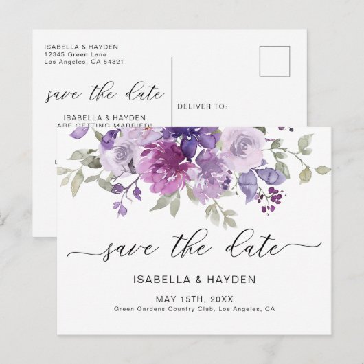 Mauve Lila Paarse Floral Waterverf sparen de Datum Aankondigingskaart (Voorkant / Achterkant)