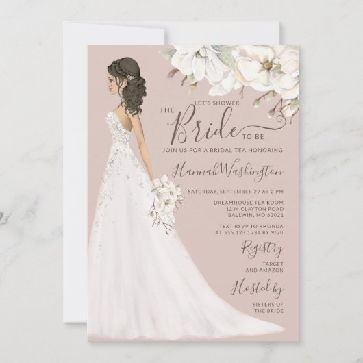 Mauve Magnolia Bride in Glitter Gown Bridal Tea Kaart (Voorkant)