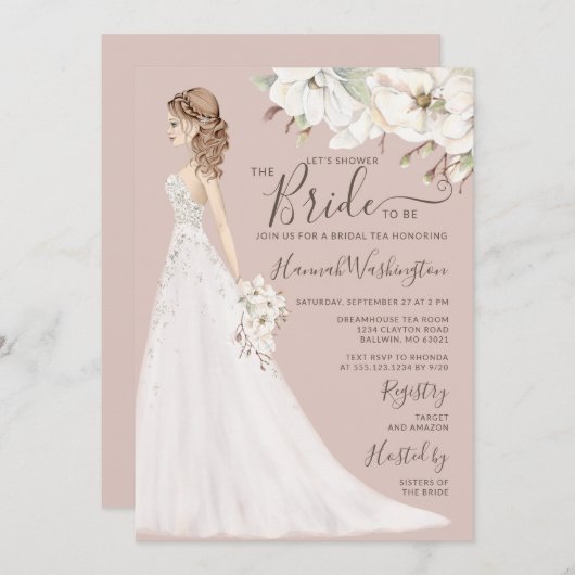 Mauve Magnolia Bruid in Glitter Gown Bruidsthee Kaart (Voorkant / Achterkant)