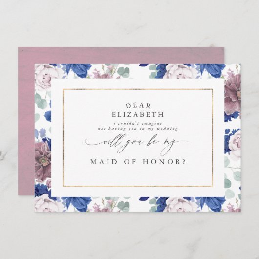 Mauve Marine Blauw Bloemen Bruidsmeisje Maid of Ho Kaart (Voorkant / Achterkant)