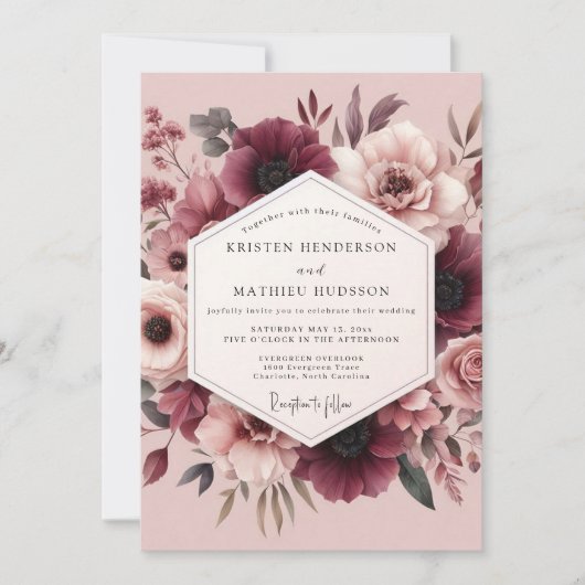 Mauve & Maroon Romantic Bloom Wedding Kaart (Voorkant)