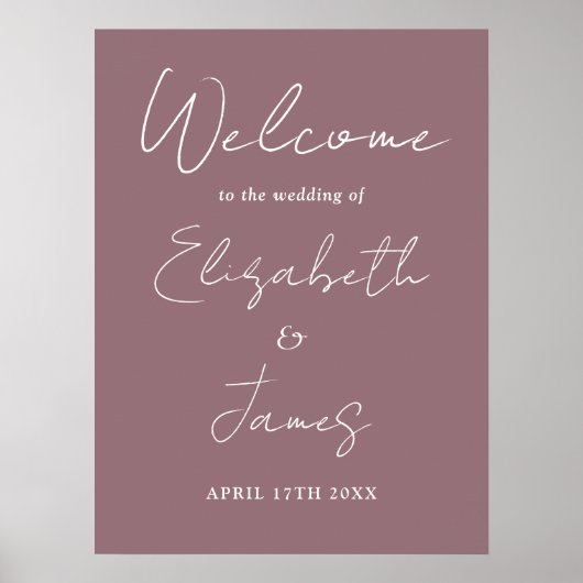 Mauve Minimalistisch Script Bruiloft Welkom Bord Poster (Voorkant)