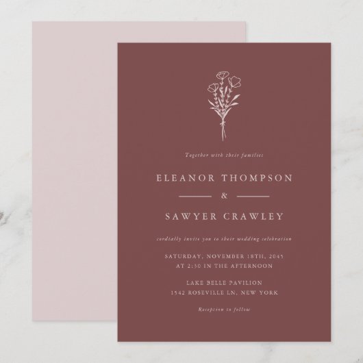 Mauve minimalistische botanicals bruiloft kaart (Voorkant / Achterkant)