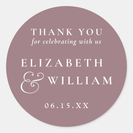 Mauve minimalistische monogram bruiloft Dank u Ronde Sticker (Voorkant)
