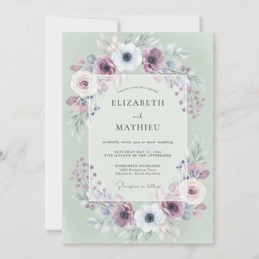 Mauve Mint Anemone Bruiloft Kaart (Voorkant)
