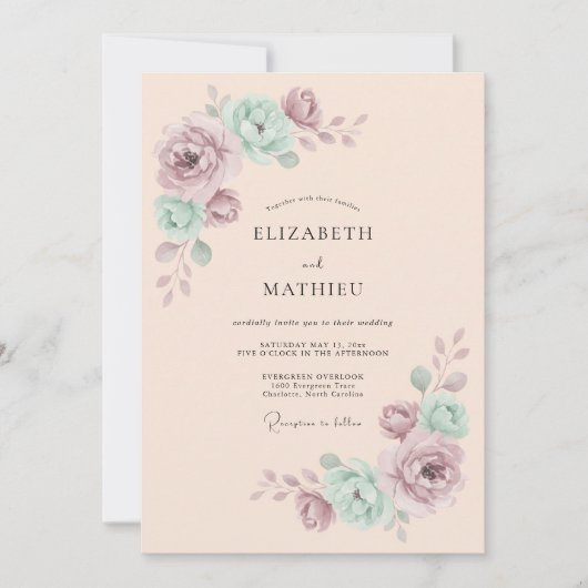Mauve Mint Botanische Romantische Bruiloft Kaart (Voorkant)