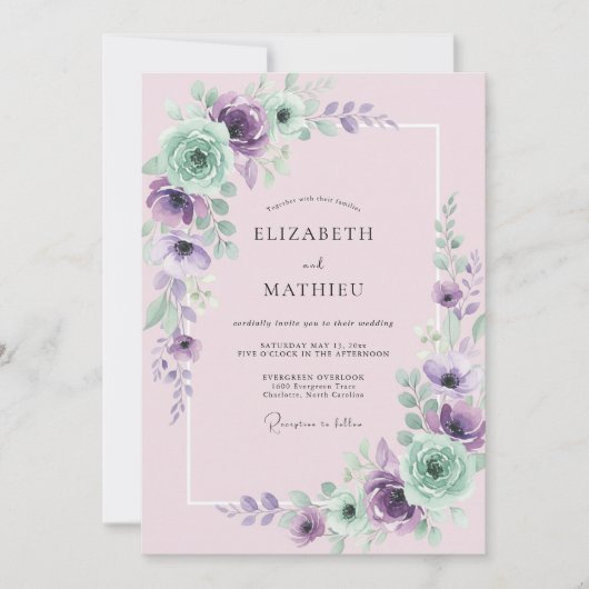 Mauve Mint Pioen Huwelijk Kaart (Voorkant)