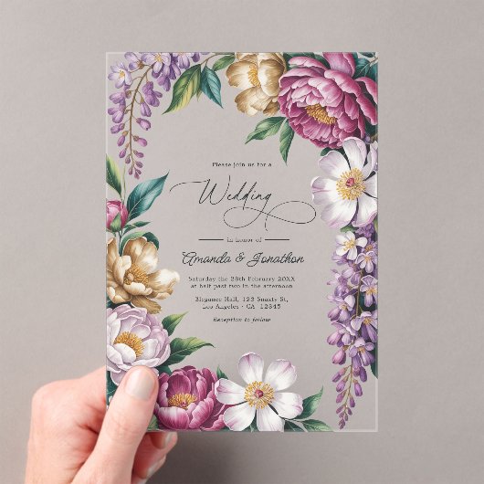 Mauve Mist, Champagne Gold & White Floral Wedding Acryl Uitnodigingen (Insitu (Draagbaar))