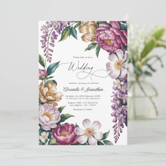 Mauve Mist, Champagne Gold & White Floral Wedding Kaart (Staand voorkant)