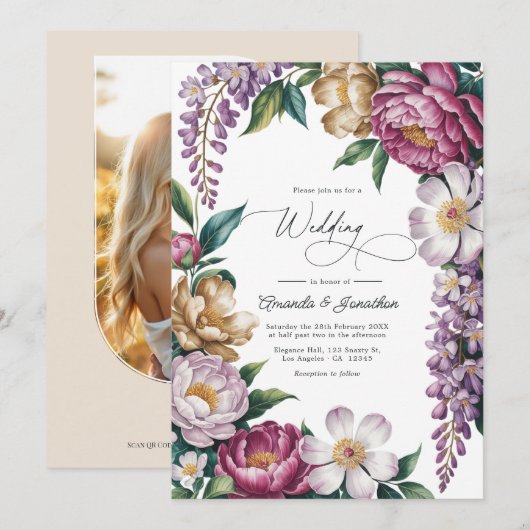 Mauve Mist, Champagne Gold & White Floral Wedding Kaart (Voorkant / Achterkant)