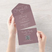 Mauve Modern Elegant Script QR Code Wedding All In One Uitnodiging (Afscheurbaar)