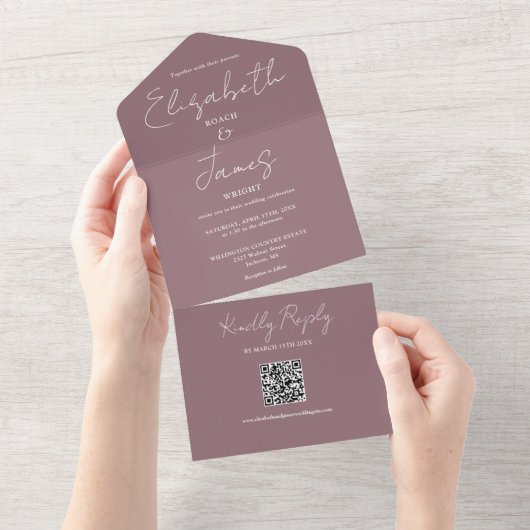 Mauve Modern Elegant Script QR Code Wedding All In One Uitnodiging (Afscheurbaar)