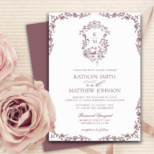 Mauve Monogram Bloemen  Crest Bruiloft Kaart