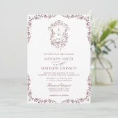 Mauve Monogram Bloemen  Crest Bruiloft Kaart (Staand voorkant)