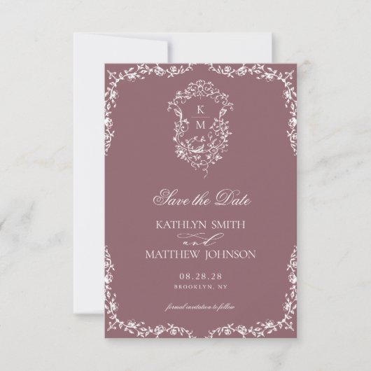 Mauve Monogram Bloemen  Crest Bruiloft Save The Date (Voorkant)
