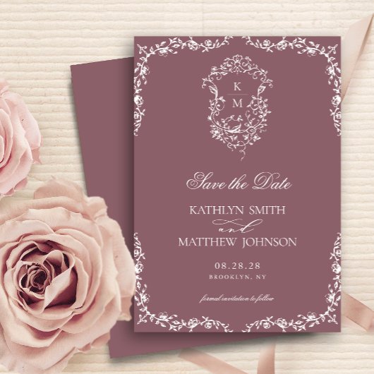 Mauve Monogram Bloemen  Crest Bruiloft Save The Date