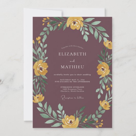 Mauve Mosterd Loof Eucalyptus Bruiloft Kaart (Voorkant)