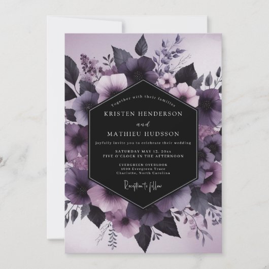 Mauve Nachtelijke Bloemen Bruiloft Kaart (Voorkant)
