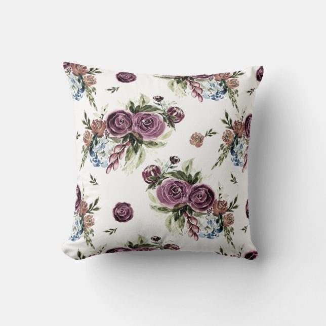 Mauve & Olive Moderne Waterverf Floral Kussen (Voorkant)