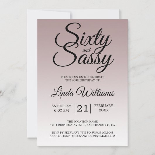 Mauve Ombre 60 en Sassy 60th Birthday Invitation Kaart (Voorkant)
