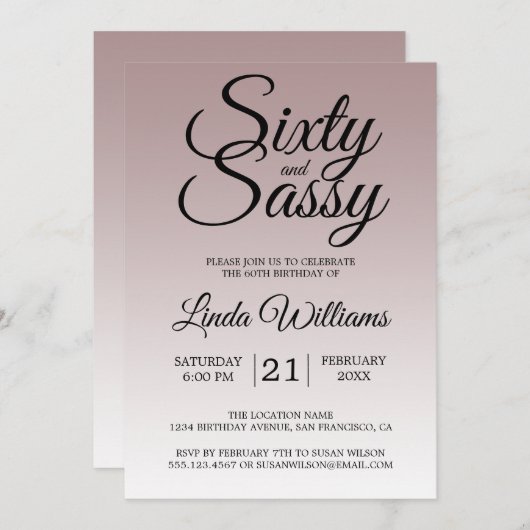 Mauve Ombre 60 en Sassy 60th Birthday Invitation Kaart (Voorkant / Achterkant)