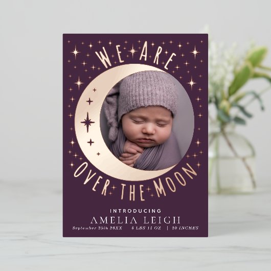 Mauve Over de Maan Foto Geboorte Aankondiging Kaar (Staand Voorkant)