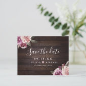 Mauve paars floral rustic wood save the date briefkaart (Staand voorkant)