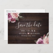 Mauve paars floral rustic wood save the date briefkaart (Voorkant / Achterkant)