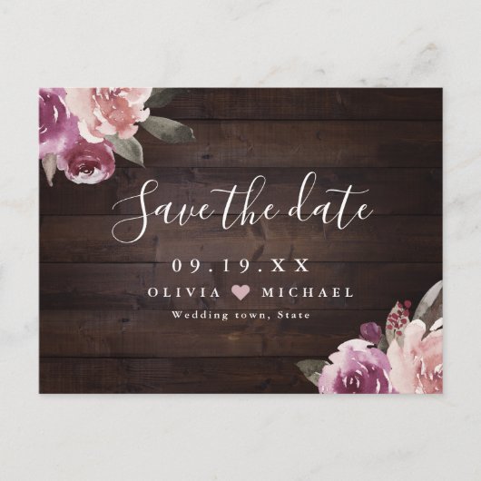 Mauve paars floral rustic wood save the date briefkaart (Voorkant)