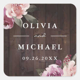 Mauve paars $ moerbei bloemrijke rustieke houten b vierkante sticker