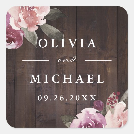 Mauve paars $ mulberry floral rustious wood bruilo vierkante sticker (Voorkant)
