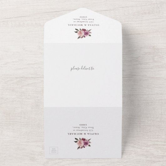 Mauve paars & mulberry florale bruiloft all in one uitnodiging (Buitenkant)