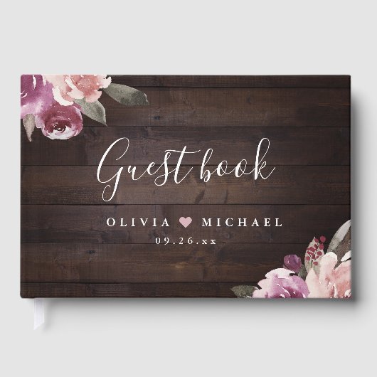Mauve paars & mulberry florale bruiloft gastenboek (Voorkant)