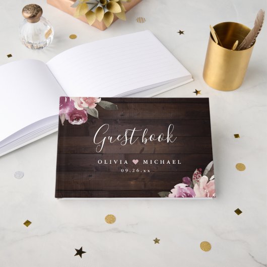 Mauve paars & mulberry florale bruiloft gastenboek (Voorkant open)