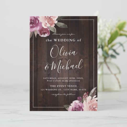 Mauve paars & mulberry florale bruiloft kaart (Staand voorkant)