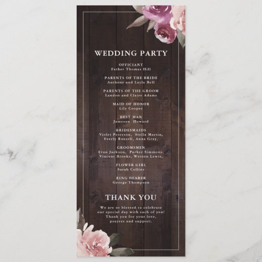 Mauve paars & mulberry florale bruiloft menu (Achterkant)