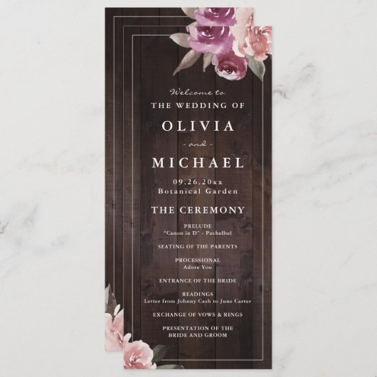 Mauve paars & mulberry florale bruiloft menu (Voorkant / Achterkant)