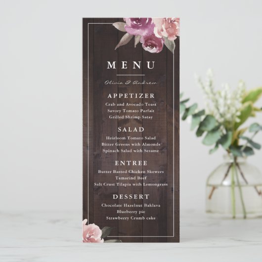 Mauve paars & mulberry florale bruiloft menu (Staand voorkant)