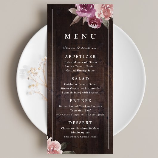 Mauve paars & mulberry florale bruiloft menu
