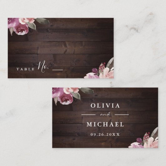 Mauve paars & mulberry florale bruiloft plaatskaartje (Voorkant / Achterkant)